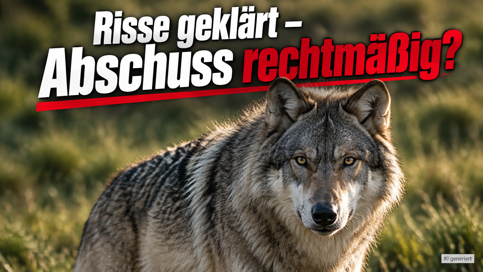 KI-generiertes Symbolbild: grauer Wolf vor unscharfem Grün, dazu „Risse geklärt – Abschuss rechtmäßig?“; Themenbezug: DNA-Nachweis zum getöteten Wolf im Pitztal.