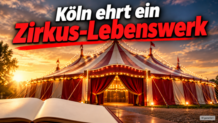 KI-generiertes Symbolbild zur Ehrung für Bernhard Paul: beleuchtetes Zirkuszelt im Abendlicht, offenes Buch und Überschrift „Köln ehrt ein Zirkus-Lebenswerk“.