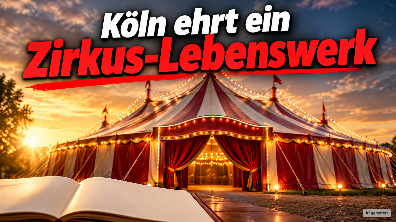 KI-generiertes Symbolbild zur Ehrung für Bernhard Paul: beleuchtetes Zirkuszelt im Abendlicht, offenes Buch und Überschrift „Köln ehrt ein Zirkus-Lebenswerk“.