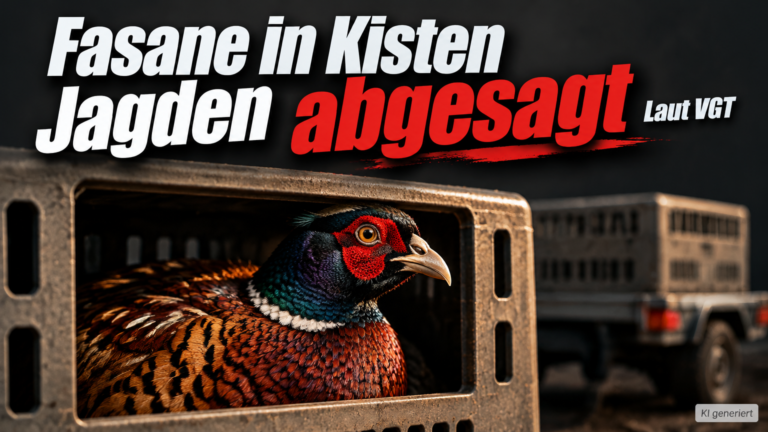 KI-generiertes Symbolbild zum Thema Fasane in Kisten in Hof am Leithagebirge: Fasan in einer Transportkiste, dahinter ein Fahrzeug mit weiteren Kisten; Überschrift „Jagden abgesagt“.
