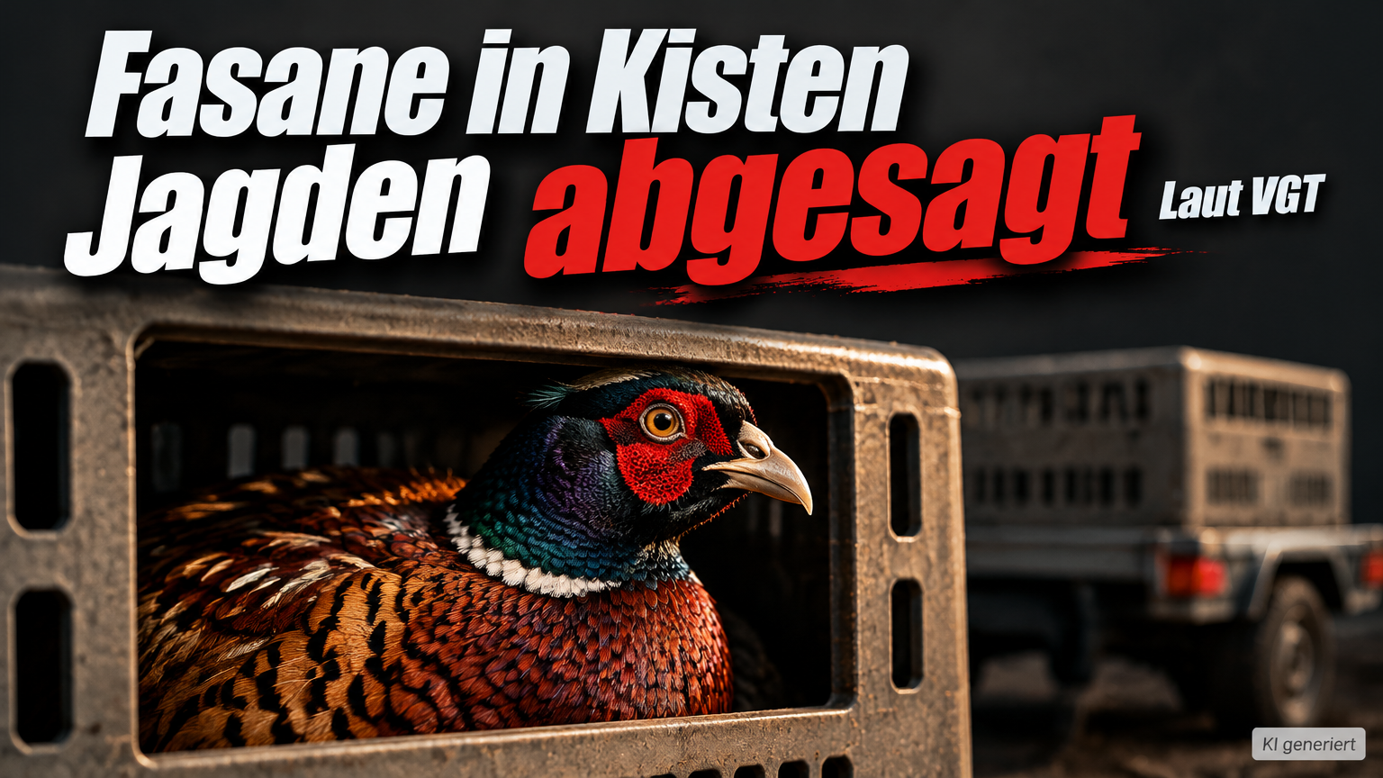 KI-generiertes Symbolbild zum Thema Fasane in Kisten in Hof am Leithagebirge: Fasan in einer Transportkiste, dahinter ein Fahrzeug mit weiteren Kisten; Überschrift „Jagden abgesagt“.