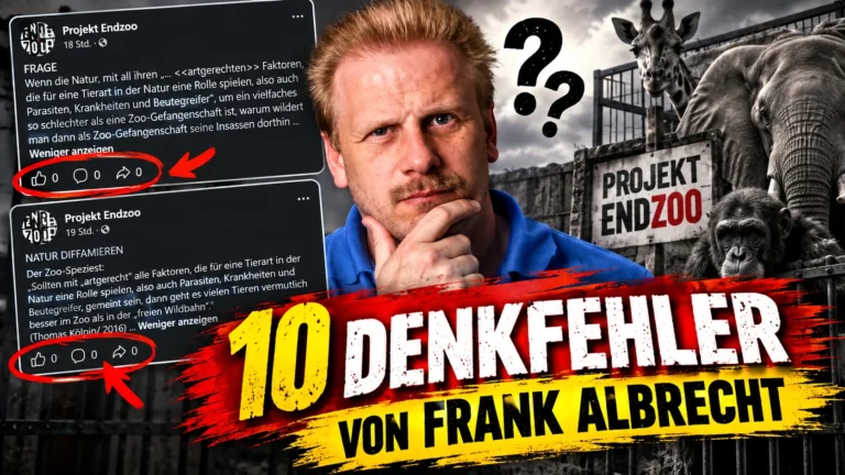 Frank Albrecht von Projekt Endzoo mit zwei Facebook-Beiträgen ohne Reaktionen. GERATI-Titelbild mit der Aufschrift „10 Denkfehler von Frank Albrecht“.