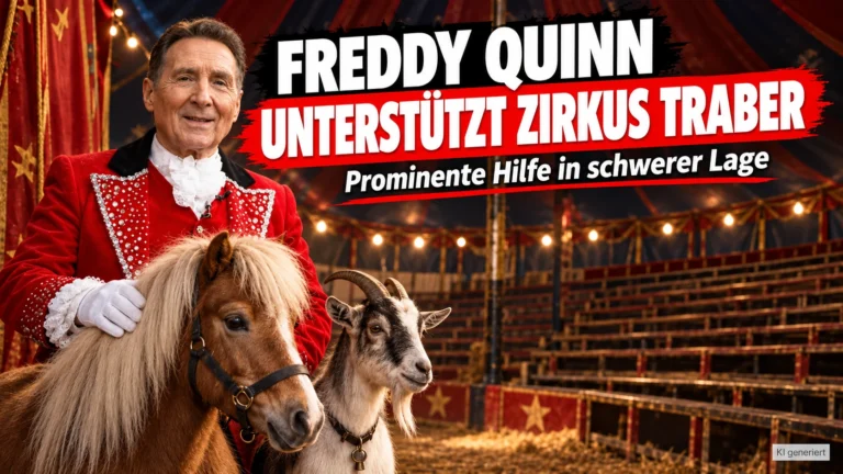 Freddy Quinn unterstützt Zirkus Traber: Der Entertainer im roten Zirkuskostüm mit Pony und Ziege vor leeren Zuschauerrängen.