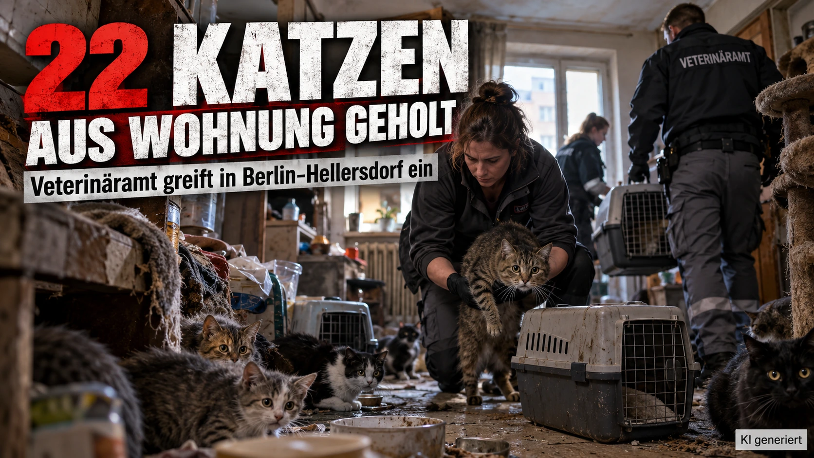 22 Katzen in Berlin-Hellersdorf werden bei einem Einsatz des Veterinäramts aus einer verwahrlosten Wohnung geholt.