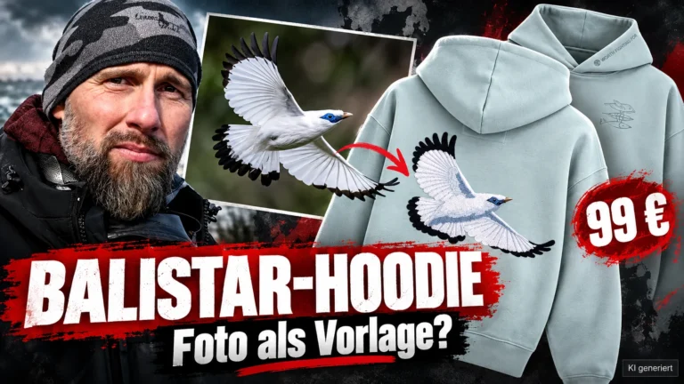 Robert Marc Lehmann neben einem Balistar-Foto und dem Balistar-Hoodie für 99 Euro. Auffällige Ähnlichkeiten zwischen Fotografie und Stickmotiv stehen im Mittelpunkt.