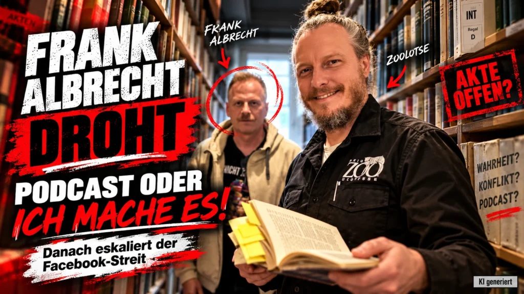 Frank Albrecht vom Projekt Endzoo im Hintergrund und der Zoolotse im Vordergrund. Titelbild zum Podcast-Ultimatum und Facebook-Streit.