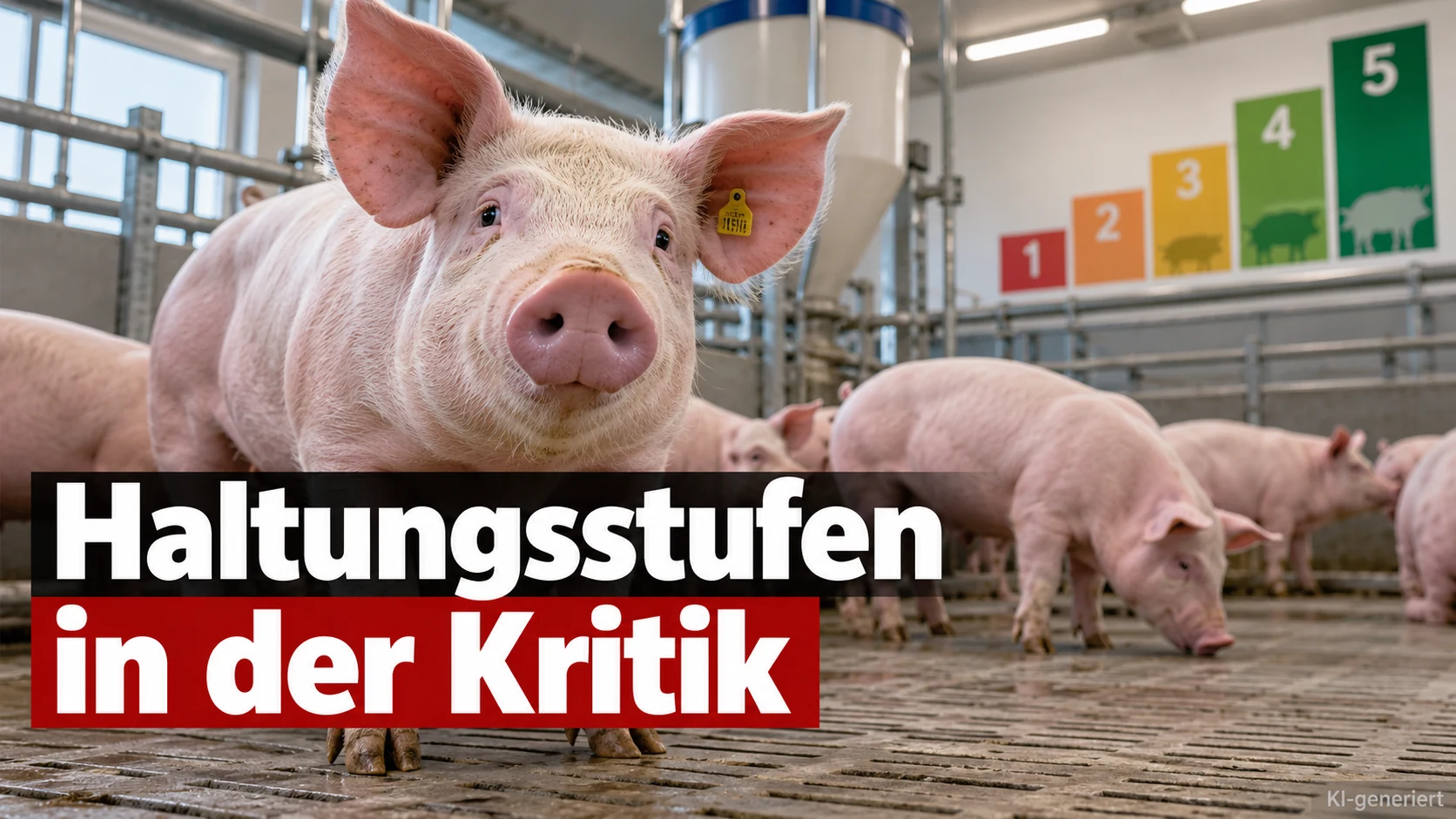 Schweinehaltung in Deutschland: Dirk Hesse rechnet mit Tierwohl-Haltungsstufen ab 1 Schweinehaltung in Deutschland: Gesunde Schweine in einem modernen Stall mit Darstellung der fünf Tierwohl-Haltungsstufen.