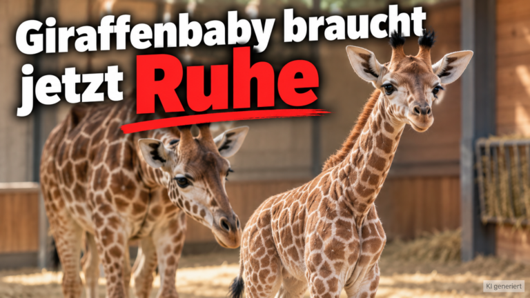 KI-generiertes Symbolbild zur Giraffengeburt im Schweriner Zoo: Giraffenkalb vor einer erwachsenen Giraffe im Stall, darüber die Überschrift „Giraffenbaby braucht jetzt Ruhe“.