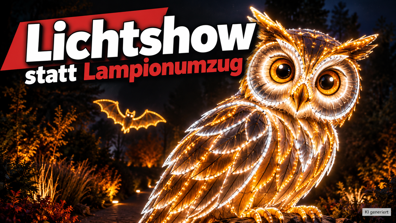 KI-generiertes Symbolbild zu Halloween im Zoo Dresden: leuchtende Eulenfigur und Fledermaussilhouette bei Nacht mit der Überschrift „Lichtshow statt Lampionumzug“.