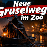 KI-generiertes Symbolbild zu Halloween in der ZOOM Erlebniswelt Gelsenkirchen: Kapuzenfigur mit Laterne im Ruderboot, Kürbisse am Ufer und Schriftzug „Neue Gruselwege im Zoo“.