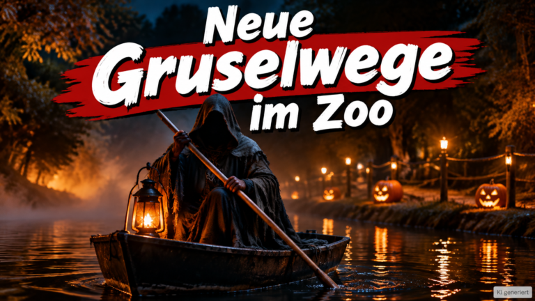 KI-generiertes Symbolbild zu Halloween in der ZOOM Erlebniswelt Gelsenkirchen: Kapuzenfigur mit Laterne im Ruderboot, Kürbisse am Ufer und Schriftzug „Neue Gruselwege im Zoo“.