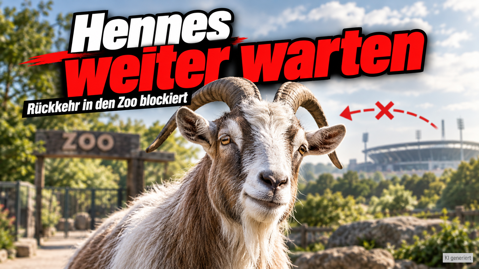 Hennes IX. muss auf Stadion-Comeback warten: Einfuhrbeschränkung verhindert Rückkehr 1 KI-generiertes Symbolbild zu „Hennes IX. muss auf Stadion-Comeback warten“: Geißbock vor Zooeingang und Stadion, rotes Sperrzeichen und Überschrift „Hennes weiter warten“.