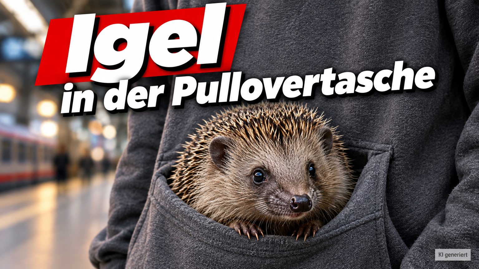 KI-generiertes Symbolbild zum Thema Igel in Pullovertasche: Ein Igel schaut aus der Bauchtasche eines grauen Pullovers vor unscharfem Bahnhofshintergrund.