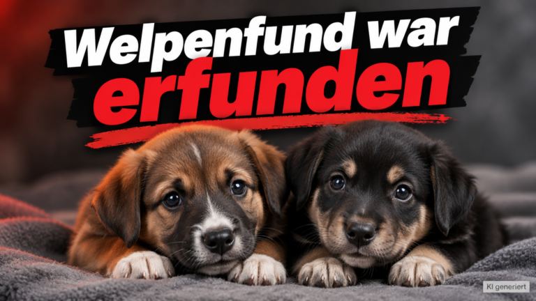 KI-generiertes Symbolbild zum Thema Illegale Welpeneinfuhr in Grenchen: Zwei Welpen auf einer grauen Decke unter der Überschrift „Welpenfund war erfunden“.