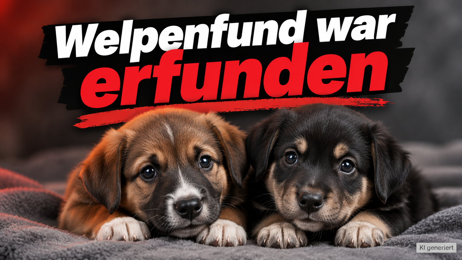 Illegale Welpeneinfuhr in Grenchen: Angebliche Finderin räumt falsche Fundgeschichte ein 1 KI-generiertes Symbolbild zum Thema Illegale Welpeneinfuhr in Grenchen: Zwei Welpen auf einer grauen Decke unter der Überschrift „Welpenfund war erfunden“.