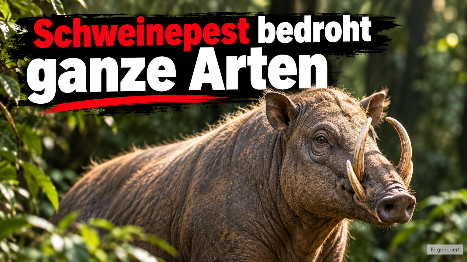 KI-generiertes Symbolbild zum Thema IUCN-Schutzplan für asiatische Wildschweine: Wildschwein mit markanten Hauern im Wald unter der Überschrift „Schweinepest bedroht ganze Arten“.