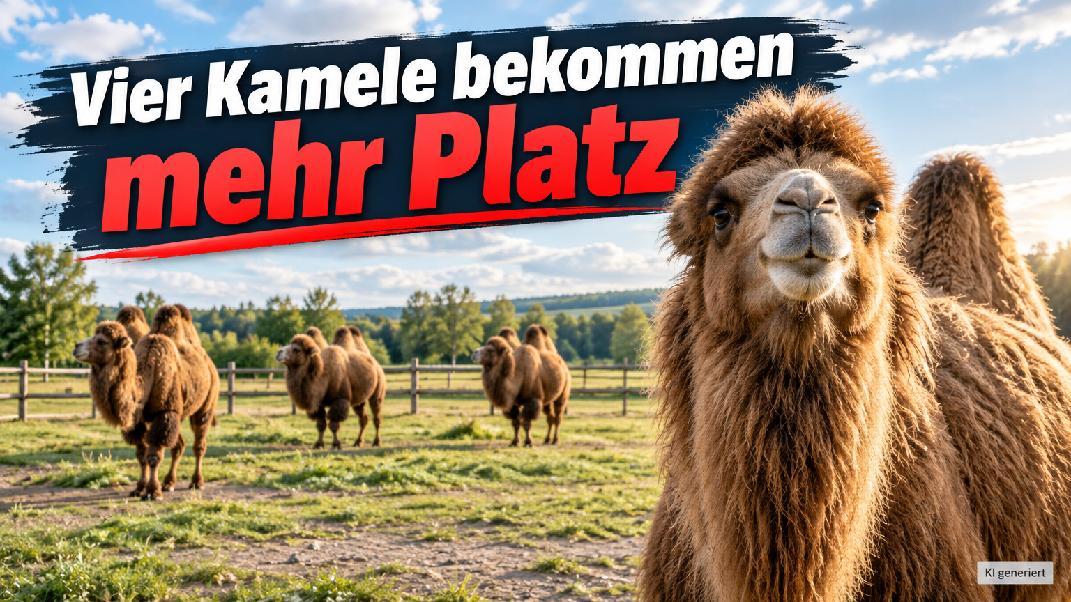 KI-generiertes Symbolbild zum Kamelumzug vom Zoo Zürich nach Olmerswil: vier Kamele auf einer eingezäunten Weide, eines im Vordergrund. Überschrift: „Vier Kamele bekommen mehr Platz“.