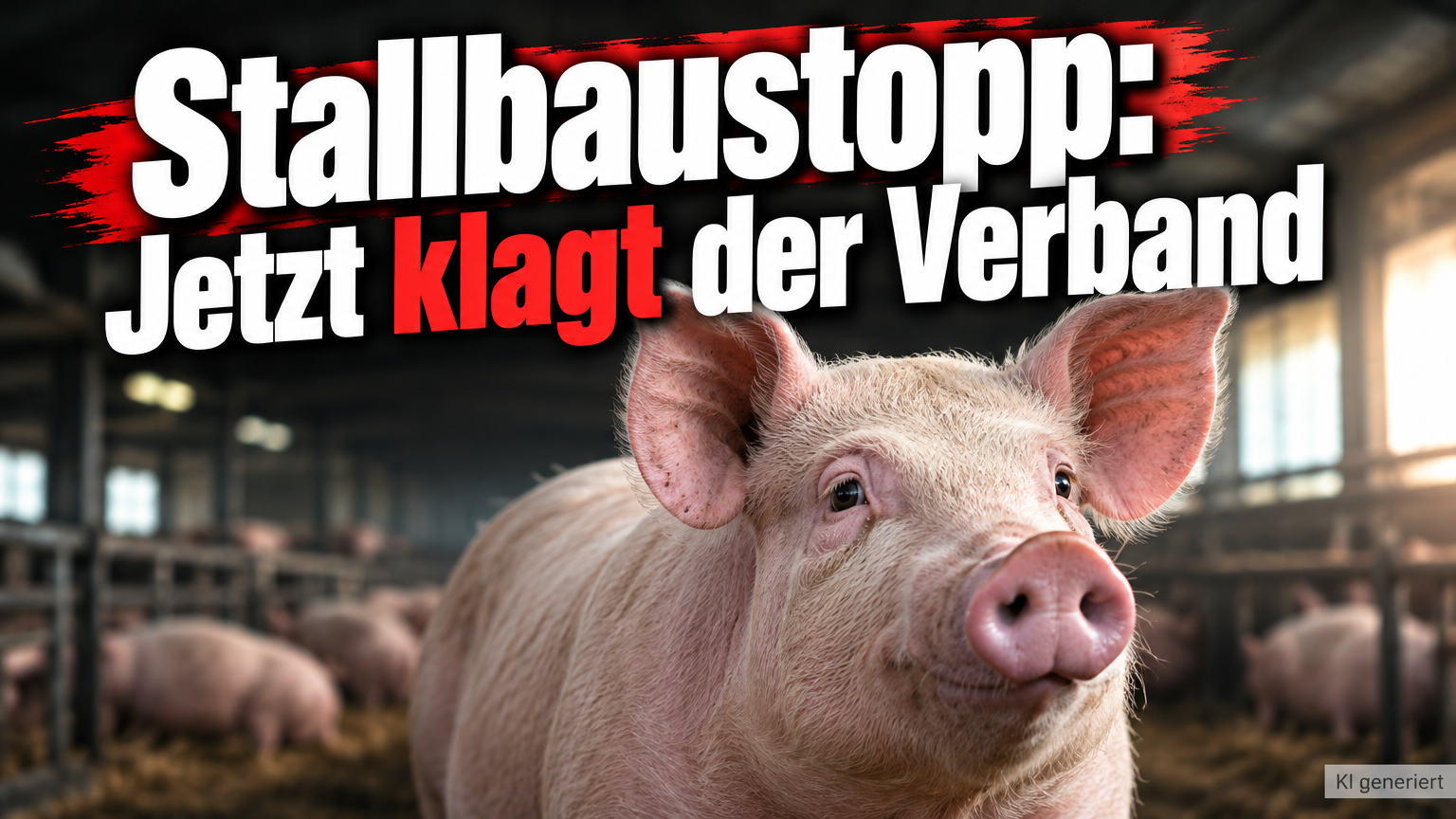 KI-generiertes Symbolbild zur Klage gegen Stallbaustopp in Dänemark: Schwein im Vordergrund eines Stalls, darüber die Überschrift „Stallbaustopp: Jetzt klagt der Verband“.