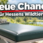 KI-generiertes Symbolbild zum Thema Kompetenzzentrum für Wildtier-Rehabilitation in Gießen: leere Behandlungsliege vor grüner Landschaft mit der Überschrift „Neue Chance für Hessens Wildtiere“.