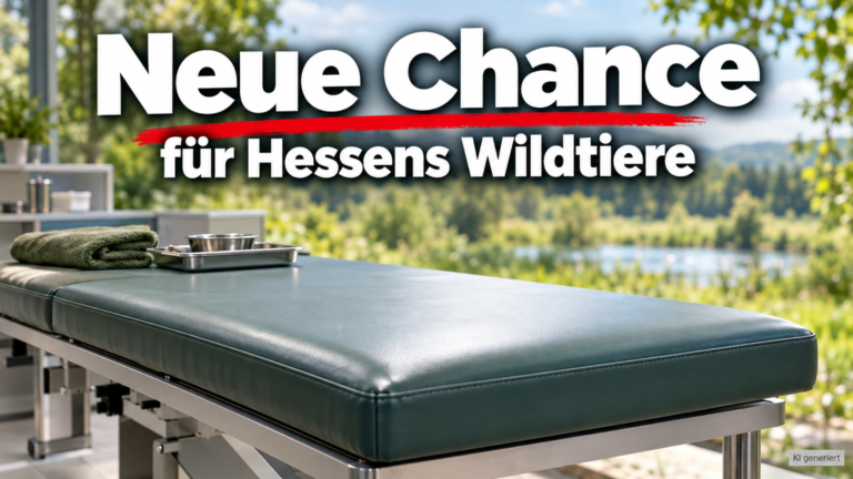 KI-generiertes Symbolbild zum Thema Kompetenzzentrum für Wildtier-Rehabilitation in Gießen: leere Behandlungsliege vor grüner Landschaft mit der Überschrift „Neue Chance für Hessens Wildtiere“.