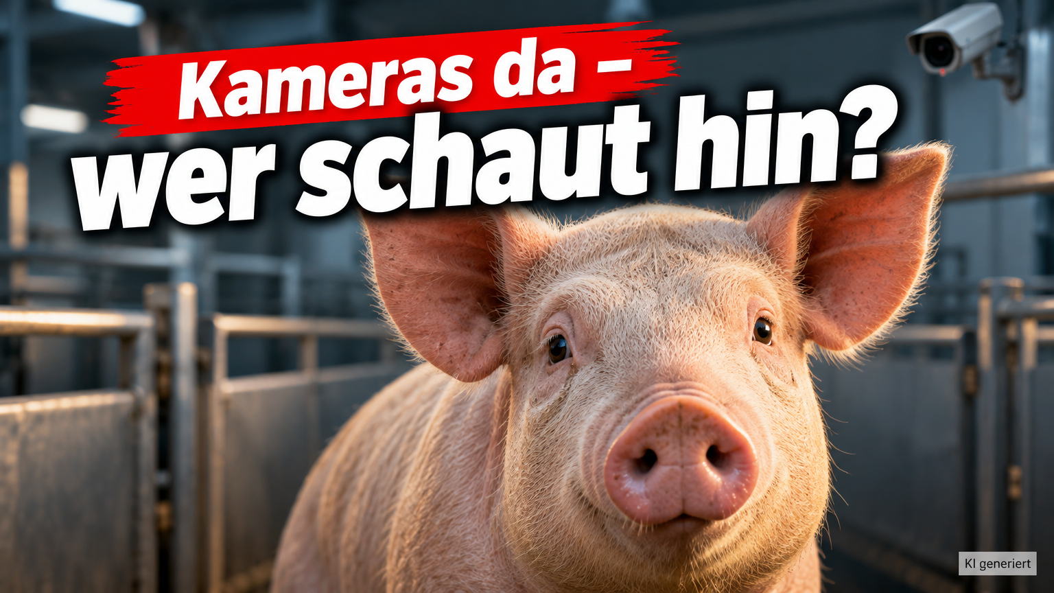 Landtagsanhörung zum Schlachthof Kellinghusen: Wie wirksam sind die Kontrollen? 1 KI-generiertes Symbolbild zur Landtagsanhörung zum Schlachthof Kellinghusen: Schwein vor Metallgittern, Überwachungskamera und die Frage „Kameras da – wer schaut hin?“