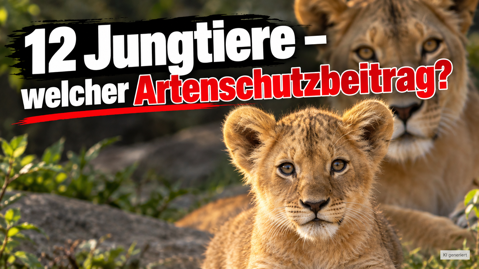 KI-generiertes Symbolbild zur Löwenzucht im Zoo Dortmund: Löwenjungtier vor einer erwachsenen Löwin, dazu die Frage „12 Jungtiere – welcher Artenschutzbeitrag?“