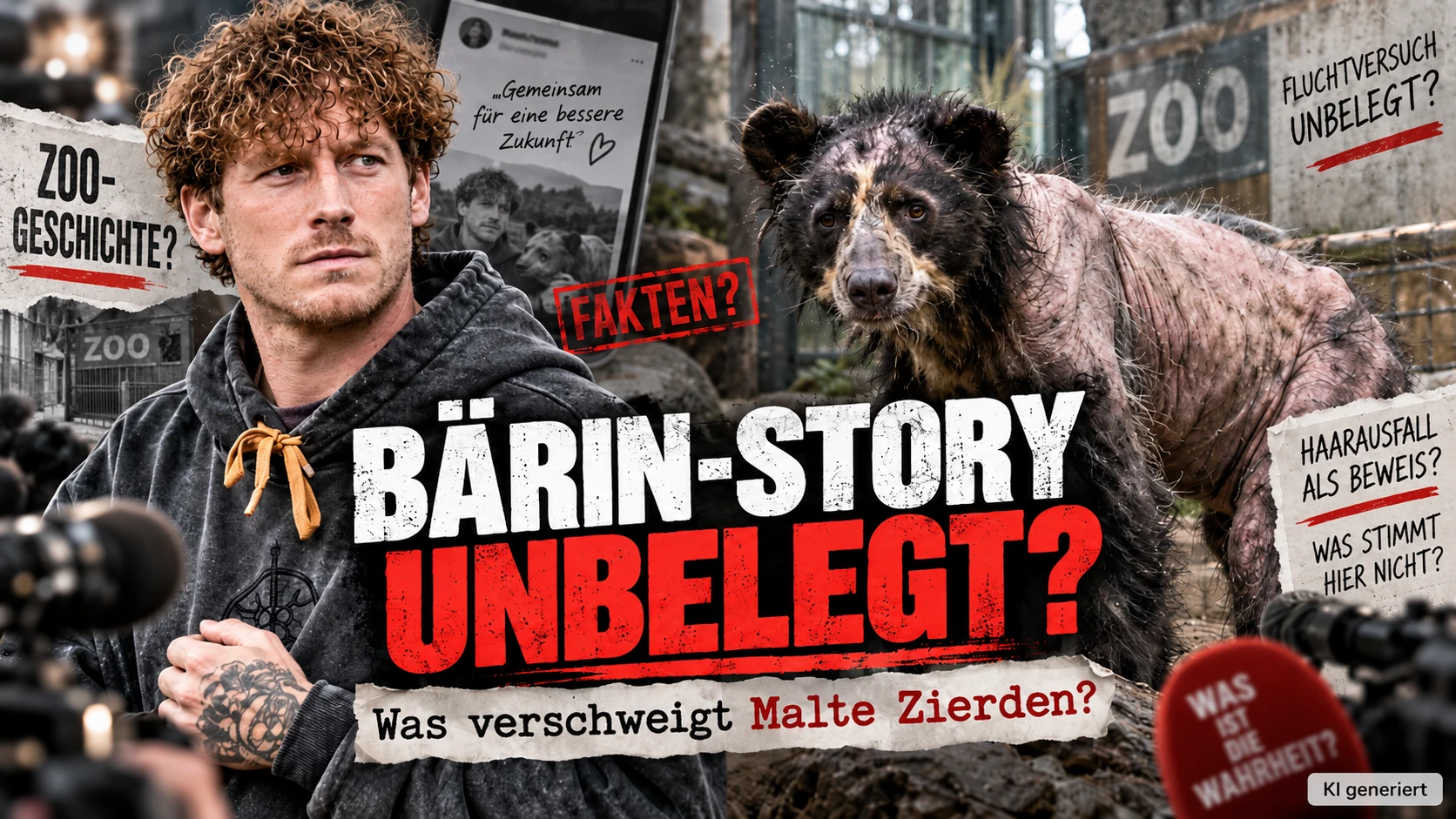 Malte Zierden neben einer Brillenbärin mit starkem Haarausfall – Titelbild zur Recherche über die unbelegte Bären-Geschichte.