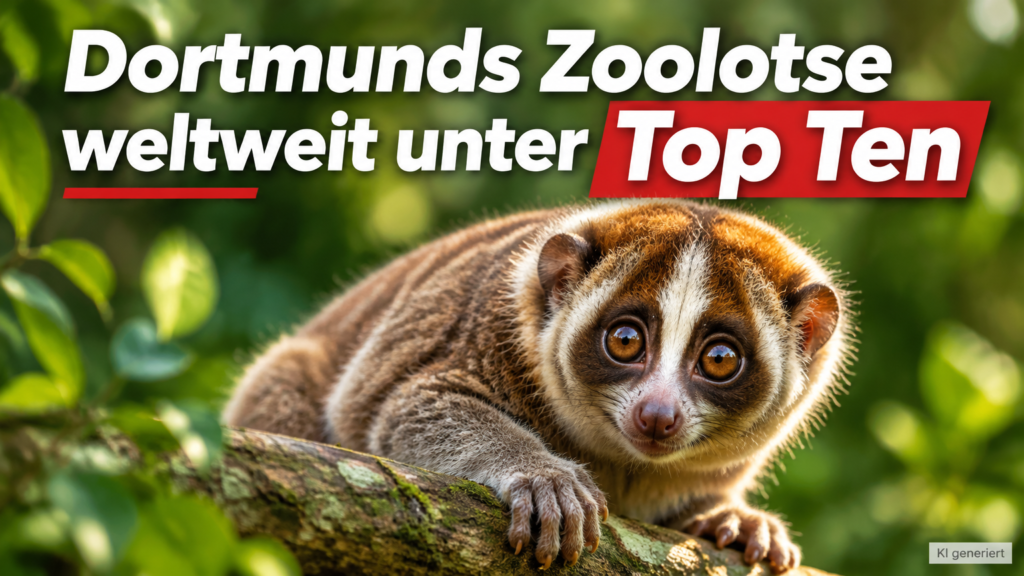 KI-generiertes Symbolbild zur Marcel Stawinoga Auszeichnung: Ein Plumplori sitzt auf einem Ast vor grünem Hintergrund; darüber steht „Dortmunds Zoolotse weltweit unter Top Ten“.