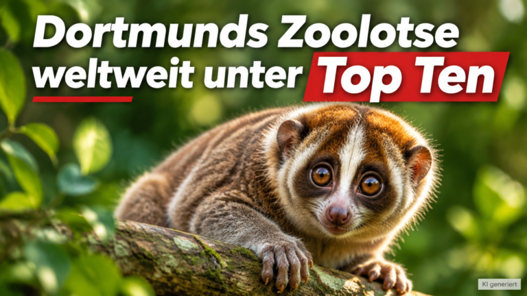 KI-generiertes Symbolbild zur Marcel Stawinoga Auszeichnung: Ein Plumplori sitzt auf einem Ast vor grünem Hintergrund; darüber steht „Dortmunds Zoolotse weltweit unter Top Ten“.