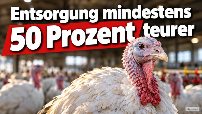 KI-generiertes Symbolbild: Puten im Stall mit der Aufschrift „Entsorgung mindestens 50 Prozent teurer“; Themenbezug zur Mitgliederversammlung des Geflügelwirtschaftsverbandes MV.