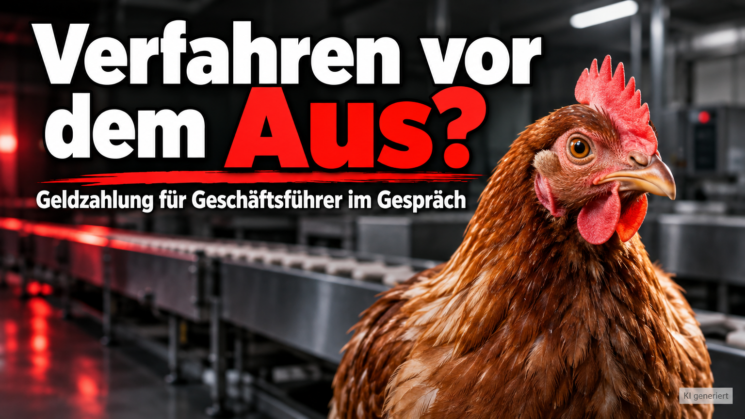 KI-generiertes Symbolbild: braunes Huhn vor industrieller Förderanlage. Themenbezug: Mögliche Verfahrenseinstellung im Schlachthof-Fall Wassertrüdingen. Schriftzug: „Verfahren vor dem Aus?“