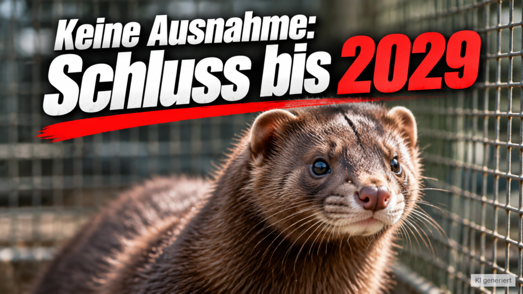 KI-generiertes Symbolbild zum Nerzzucht-Verbot in Dänemark: brauner Nerz in einem Drahtkäfig unter der Überschrift „Keine Ausnahme: Schluss bis 2029“.