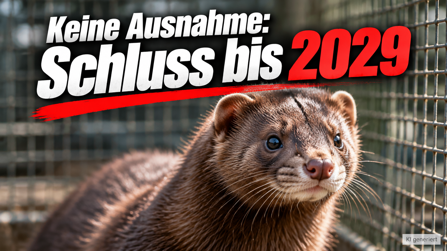 KI-generiertes Symbolbild zum Nerzzucht-Verbot in Dänemark: brauner Nerz in einem Drahtkäfig unter der Überschrift „Keine Ausnahme: Schluss bis 2029“.