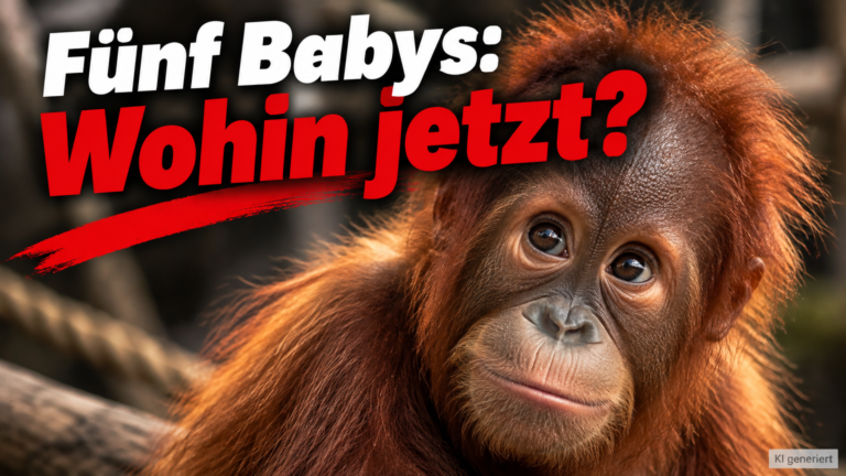 KI-generiertes Symbolbild zum Orang-Utan-Fund in Odisha: Nahaufnahme eines jungen Orang-Utans mit der Überschrift „Fünf Babys: Wohin jetzt?“.
