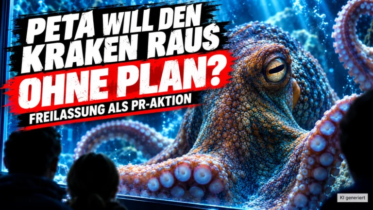 PETA fordert Kraken-Freilassung: Krake im Aquarium des Sea Life Hannover mit kritischer GERATI-Schlagzeile zur Forderung.