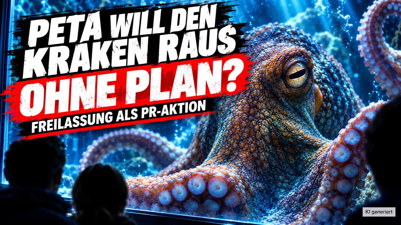 PETA fordert Kraken-Freilassung: Krake im Aquarium des Sea Life Hannover mit kritischer GERATI-Schlagzeile zur Forderung.