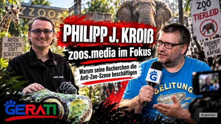 Philipp J. Kroiß von zoos.media und GERATI-Herausgeber Silvio Harnos vor einer Zoo-Kulisse mit Tieren und Anti-Zoo-Protestschildern.