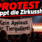 KI-generiertes Symbolbild zum Thema Protest beim Zirkus Gebrüder Barelli in Regensburg: Menschen halten vor einer Manege ein Transparent mit „Kein Applaus für Tierquälerei“.