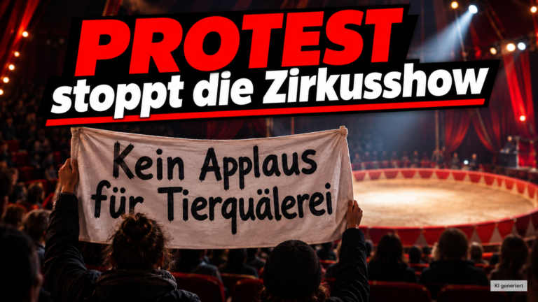 KI-generiertes Symbolbild zum Thema Protest beim Zirkus Gebrüder Barelli in Regensburg: Menschen halten vor einer Manege ein Transparent mit „Kein Applaus für Tierquälerei“.