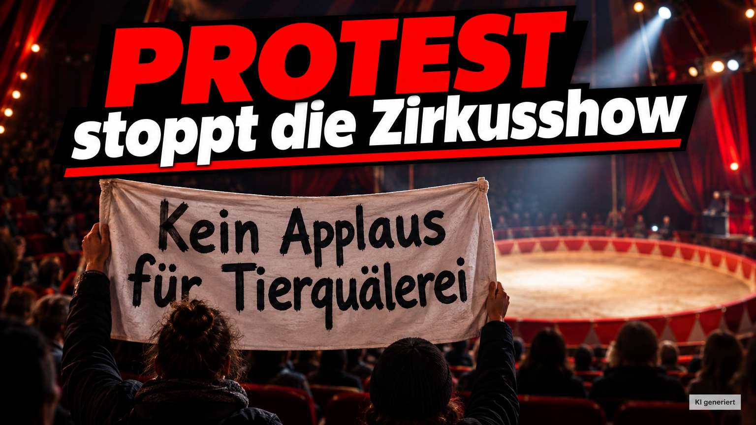 Protest beim Zirkus Gebrüder Barelli in Regensburg: Vorstellung unterbrochen, Handgemenge im Zelt 1 KI-generiertes Symbolbild zum Thema Protest beim Zirkus Gebrüder Barelli in Regensburg: Menschen halten vor einer Manege ein Transparent mit „Kein Applaus für Tierquälerei“.