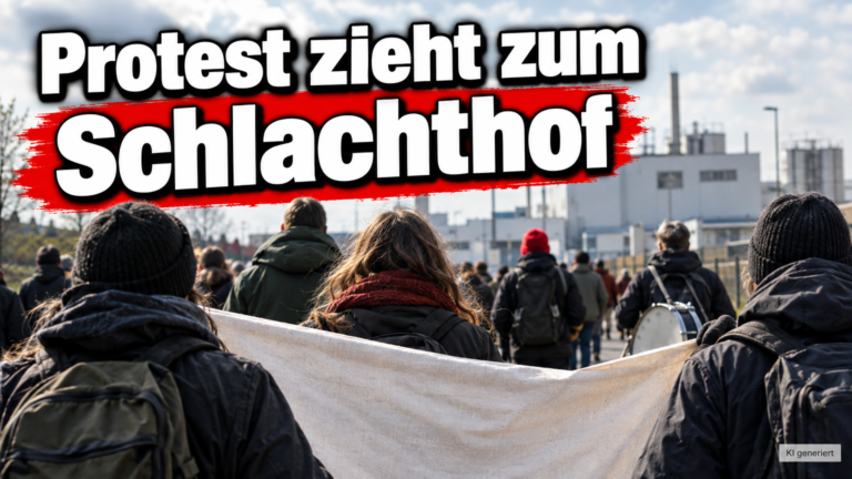 KI-generiertes Symbolbild zum Thema Protest gegen Tönnies in Weißenfels: Demonstrierende von hinten mit hellem Transparent vor Industriegebäuden; Schriftzug „Protest zieht zum Schlachthof“.
