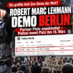 Robert Marc Lehmann Demo Berlin mit Lehmann auf einer Demonstration, Brandenburger Tor und hervorgehobener Polizeiliste zum Platz des 18. März.
