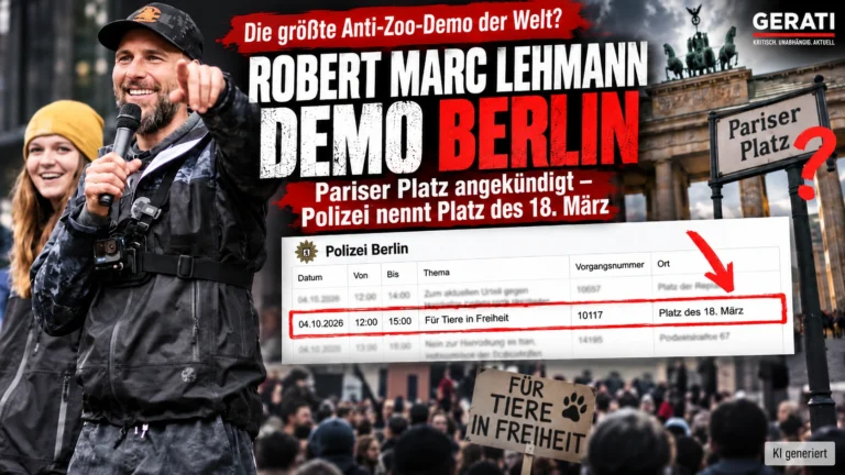 Robert Marc Lehmann Demo Berlin mit Lehmann auf einer Demonstration, Brandenburger Tor und hervorgehobener Polizeiliste zum Platz des 18. März.