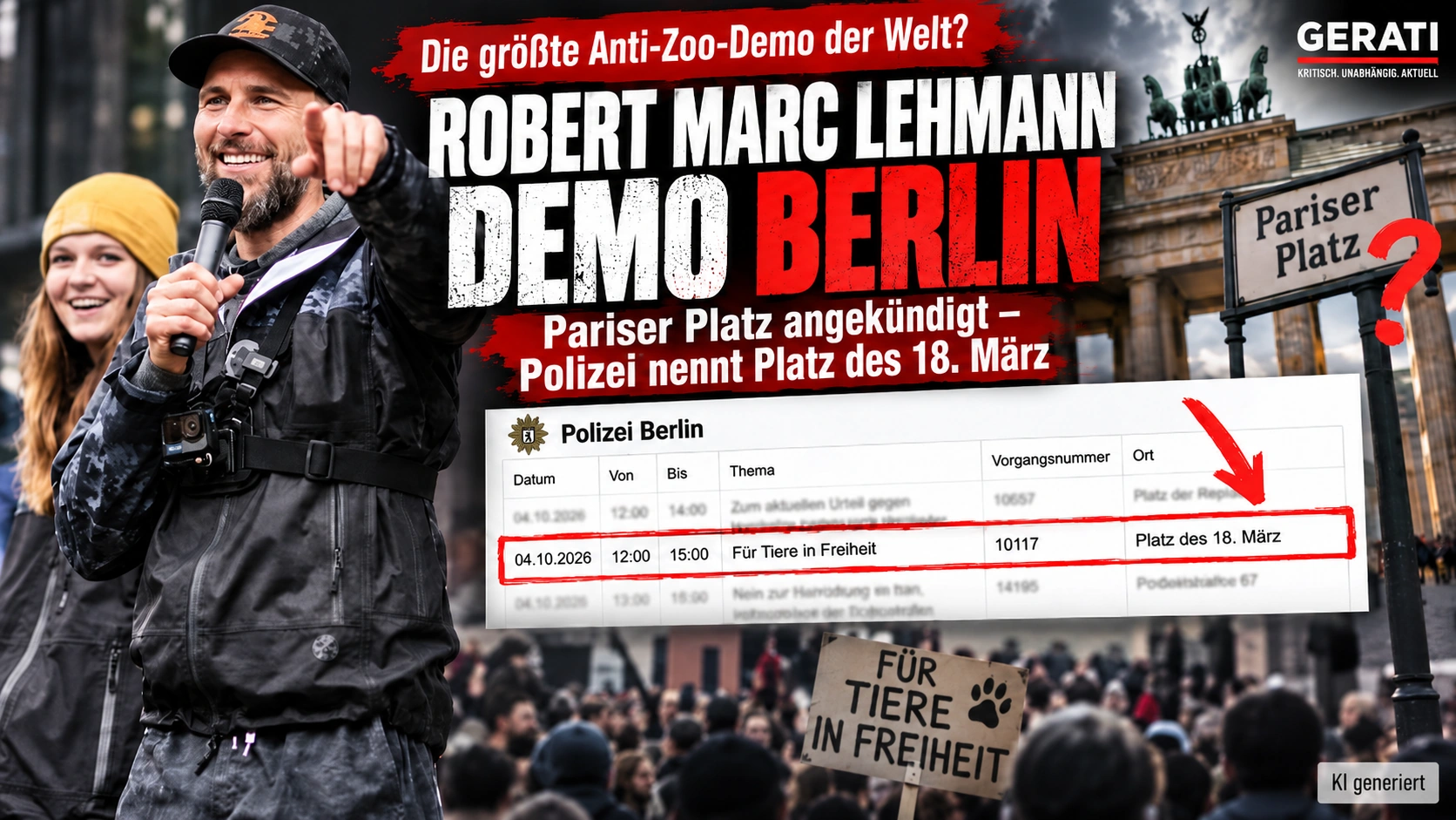 Robert Marc Lehmann Demo Berlin mit Lehmann auf einer Demonstration, Brandenburger Tor und hervorgehobener Polizeiliste zum Platz des 18. März.