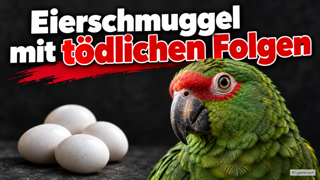 KI-generiertes Symbolbild zur Razzia gegen den Schmuggel mit Wildvogeleiern: grüner Papagei neben vier hellen Eiern, darüber „Eierschmuggel mit tödlichen Folgen“.