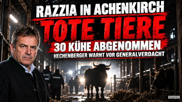 Razzia in Achenkirch: Titelbild mit Josef Hechenberger, Rindern im Stall und dem Hinweis auf tote Tiere sowie 30 abgenommene Kühe.
