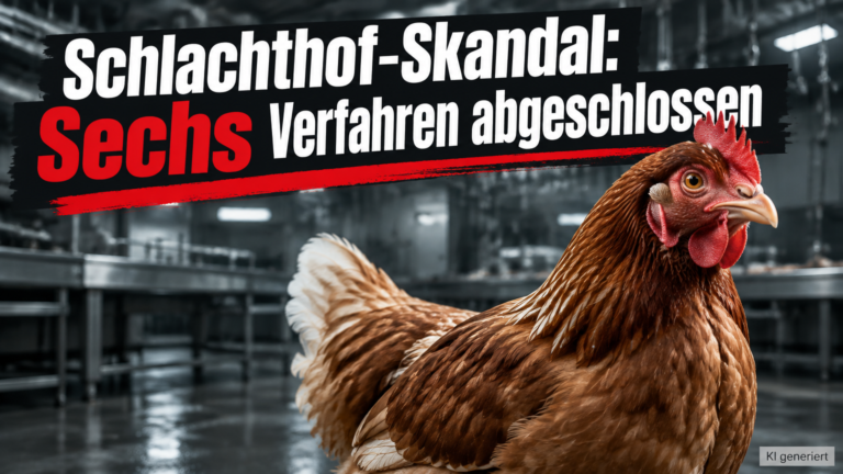 KI-generiertes Symbolbild: braunes Huhn vor einer industriellen Kulisse zum Thema „Rechtskräftige Verfahren im Schlachthof-Skandal Wassertrüdingen“.