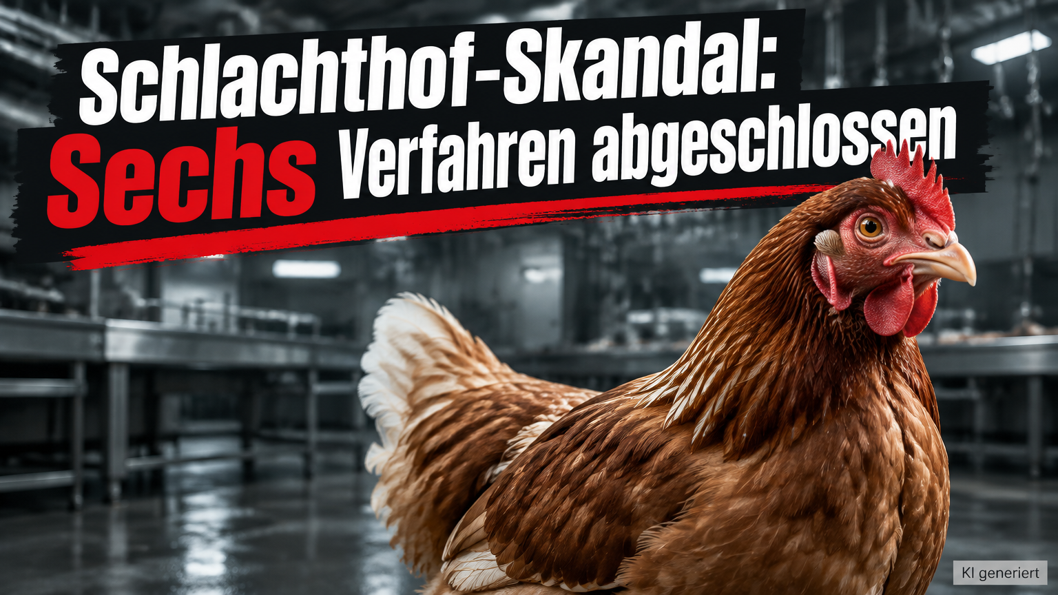 KI-generiertes Symbolbild: braunes Huhn vor einer industriellen Kulisse zum Thema „Rechtskräftige Verfahren im Schlachthof-Skandal Wassertrüdingen“.