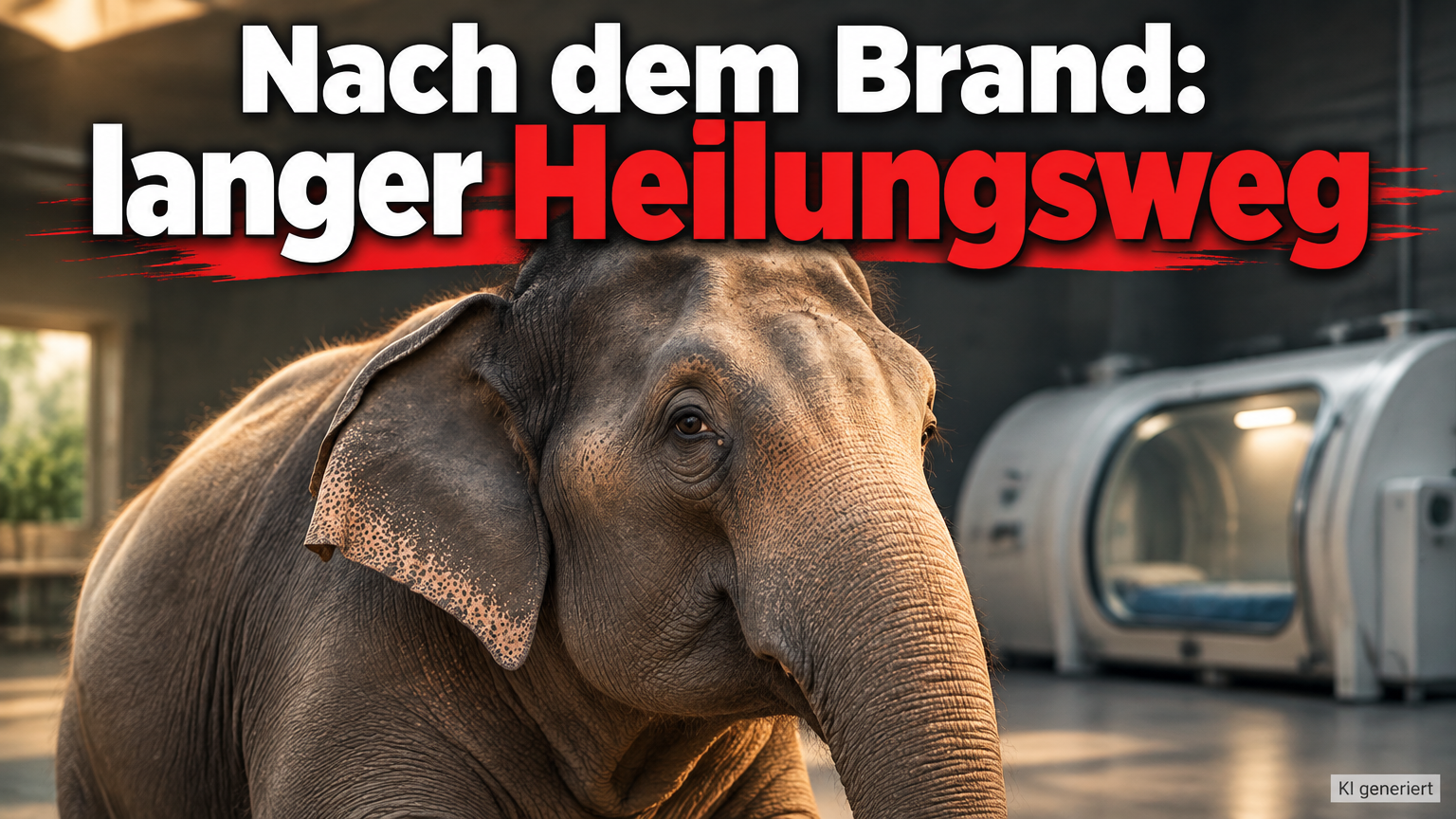 KI-generiertes Symbolbild zur Rettung der Elefantin Leelavati: Elefant vor einer kammerartigen medizinischen Anlage, darüber die Überschrift „Nach dem Brand: langer Heilungsweg“.