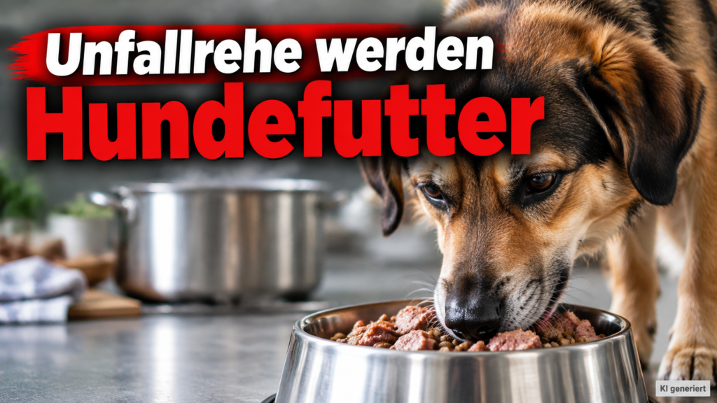 KI-generiertes Symbolbild: Ein Hund frisst aus einem Metallnapf, dahinter steht ein Kochtopf. Themenbezug: Reutlinger Tierheim verfüttert Unfallrehe.